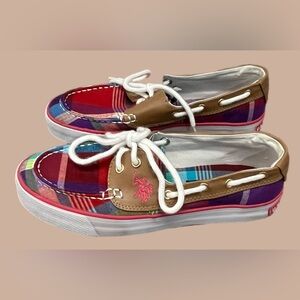Ladies U.S. Polo Assn. Grape Plaid Canvas Boat Shoes with Brown Leather Accents